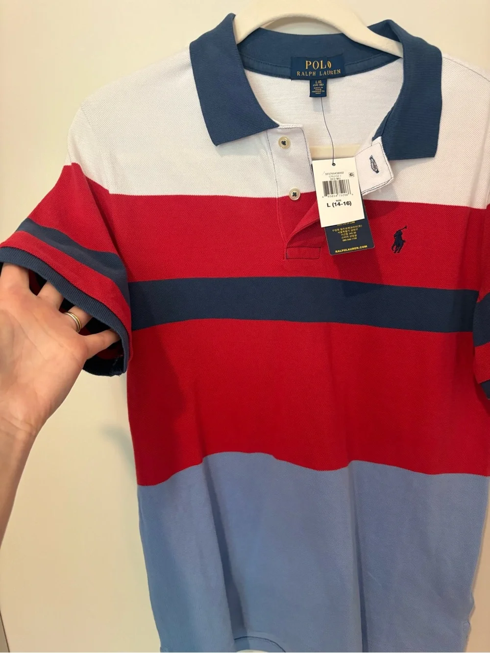 NWT Polo Ralph Lauren Red Navy Blue Striped Polo Cotton Golf Preppy 14-16 L
